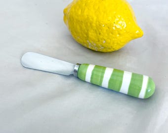 Ceramic Handle Cheese Spreader Knife Green White Stripe Stainless Blade