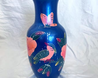 Vintage Chinese Hand Painted Blue Vase | Bird Butterfly Floral | Folk Art | Made in China