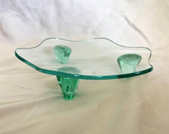Glass Wavy Rim Plate Green Glass Feet Sculptural Serving Dish Display 8"