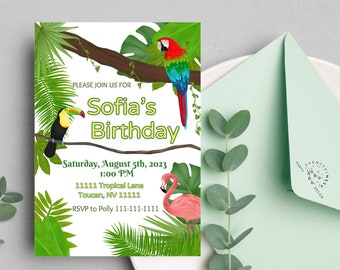 Tropical Bird Invitation | Jungle | Luau | Digital Party Invite |Toucan | Birthday| Shower| Parrot| Flamingo Party| Rainforest Birds| Leaves