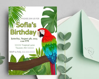 Parrot Party Invitation | Rainforest | Digital Party Invite | Birthday| Shower| Tropical Birds | Parrot Birthday| Luau | Jungle | Leaves