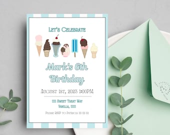 Invitación a la fiesta del helado azul / Cumpleaños del helado / Invitación al helado / Fiesta del helado / Dulces / Conos de helado / Paletas