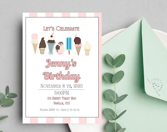 Invitación a la fiesta del helado rosa / Fiesta del helado / Conos de helado / Fiesta de paletas / Invitación de cumpleaños / Dulces / Invitación a la fiesta