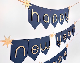 Happy New Year sign | Happy New Year Banner | New Years Party | New Years Décor | 2025 | Gold Star Banner |Blue and Gold Party |Gold Shimmer