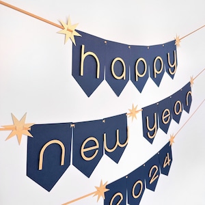 Happy New Year sign | Happy New Year Banner | New Years Party | New Years Décor | 2025 | Gold Star Banner |Blue and Gold Party |Gold Shimmer