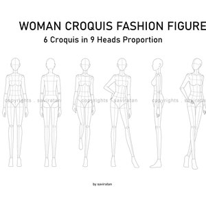 Woman Croquis Fashion Figure Templates (9 heads proportion, complete with body lines)