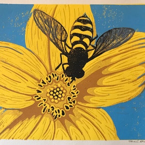 On The Yellow Flower, Color Linoleum Print