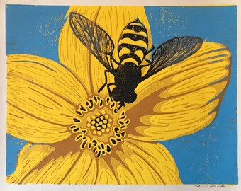 On The Yellow Flower, Color Linoleum Print