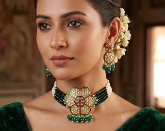 Green Floral Kundan Choker Necklace Set, Beaded Meenakari Traditional Indian Bridal Jewelry