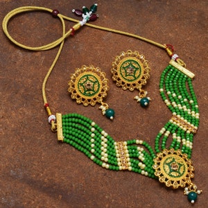 Indian Jewelry,Kundan Choker Necklace,Wedding Jewelry,Indian Choker,Indian Necklace,Green Beads Necklace,Choker With Earrings,Bridal Jewelry