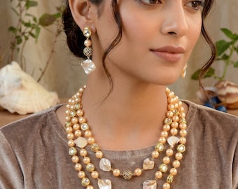 3 Layer Golden Pearl Kundan Rani Haar Set, Mother of Pearl, Indian Bridal Necklace