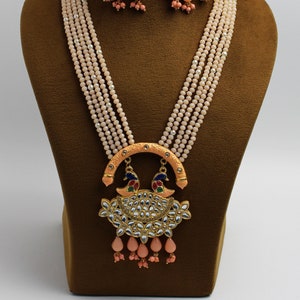 Indian Kundan Jewelry, Peacock Design Multi Strand Handmade Necklace, Peach Beads Kundan Necklace Set With Earrings, Wedding Jewelry
