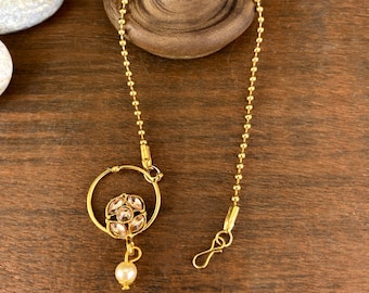 Gold Plated Indian Nath: CZ Clip On Nose Ring With Chain