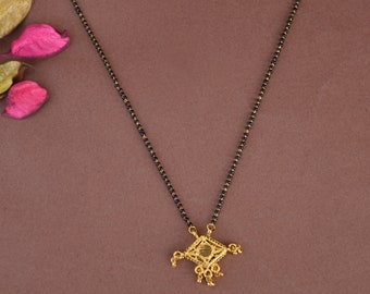 Gold Plated Mangalsutra: Black Bead Indian Wedding Necklace