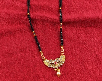 Gold Plated CZ Mangalsutra: Indian Black Bead Necklace