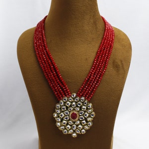 Collar hecho a mano de múltiples hilos, joyería Kundan india, joyería de boda, collar largo indio, collar Kundan con pendientes, regalo del día de la madre Rojo