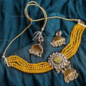 Bridal Jewelry,Yellow Beads Necklace,Indian Kundan Jewelry,Kundan Choker Necklace,Wedding Jewelry,Indian Choker,Indian Necklace,Gift For Her
