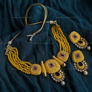 Indian Jewelry,Kundan Choker Necklace,WeddingJewelry,Indian Choker,Indian Necklace,Yellow Beads Necklace,Choker With Earrings,Bridal Jewelry