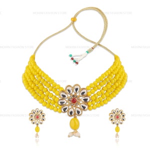 Indian CZ Necklace, Yellow Beads Choker Necklace, Indian Jewelry, Wedding Jewelry, Bridal Necklace Set,  Party Wear Necklace, Gift For Her,