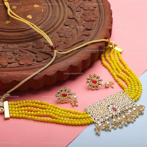 Indian Jewelry,Kundan Choker Necklace,Wedding Jewelry,Indian Choker,Indian Kundan Necklace set,Yellow Choker With Earrings,Bridal Jewelry