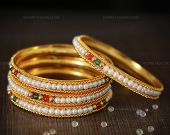Gold Plated Bangle Set with White Pearls and Multi Color Beads, Indian Wedding Jewelry