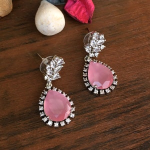 Peach Stone Silver Plated AD Earrings, AD Earrings, CZ Earrings, Party Wear Earrings, Wedding Bridal Earrings, Gift For Her,