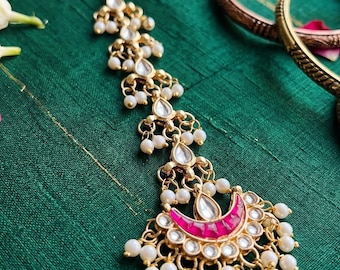 Kundan Maang Tikka with Pink Meenakari, Traditional Indian Bridal Hair Jewelry