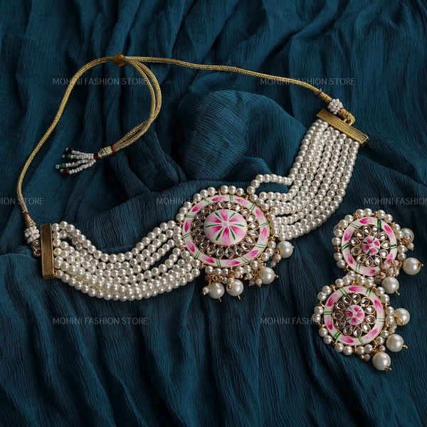 Meenakari Kundan gargantilla collar, joyería india, joyería de boda, gargantilla india, collar indio, gargantilla de cuentas blancas y pendientes, joyería nupcial