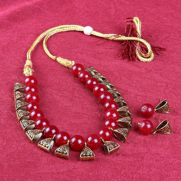 Indian Necklace,Red Beads Necklace,Indian Handmade Jewelry,Wedding Jewelry,Indian Wedding Necklace Set,Antique Jewelry,Handmade Necklace