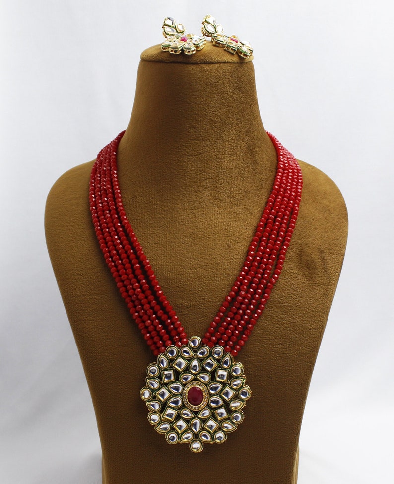 Multi Strang handgemachte Halskette, indische Kundan Schmuck, Hochzeitsschmuck, indische lange Halskette, Kundan Halskette Set mit Ohrringen, Muttertagsgeschenk Rot