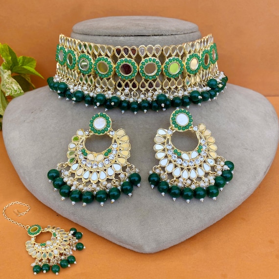 Green Pearl Mirror Choker Necklace Set With Earrings & Tikka