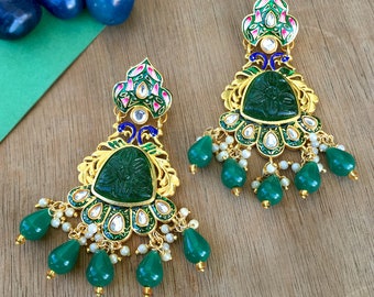 Kundan Earrings: Indian Bollywood Jewelry, Green Bridal Earrings
