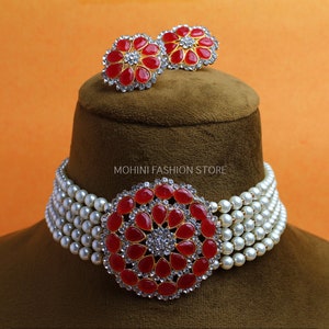Indian CZ Jewelry,Choker Necklace,Wedding Jewelry,Indian CZ Choker,Indian Necklace Set,Red Choker With Earring,Bridal Jewelry,Gift For Her