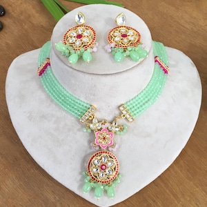 Bridal Jewelry,Mint Green Kundan Necklace with Earrings,Indian Jewelry,Wedding Jewelry,Indian Kundan Jewelry Set,Ethnic Jewelry,Gift For Her