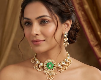 Meenakari Kundan Choker Necklace Set, Traditional Indian Bridal Jewelry