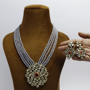 Multi Strang handgemachte Halskette, indische Kundan Schmuck, Hochzeitsschmuck, indische lange Halskette, Kundan Halskette Set mit Ohrringen, Muttertagsgeschenk Grau