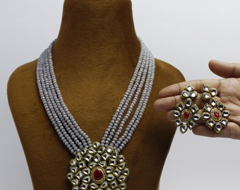 Multi Strang handgemachte Halskette, indische Kundan Schmuck, Hochzeitsschmuck, indische lange Halskette, Kundan Halskette Set mit Ohrringen, Muttertagsgeschenk