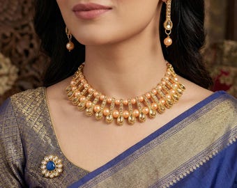 Gold Plated Pearl Choker Necklace Set with Matching Drop Earrings, Traditional Indian Bridal Jewelry