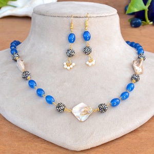 Indian Jewelry,Indian Necklace,Blue Beads Necklace Set With Earrings,Handmade Necklace,Gift For Her,Bridesmaid Gift,Ethnic Jewelry