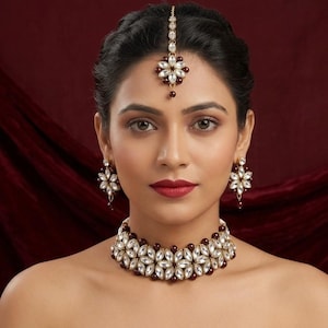 Kundan Indiase bruidssieradenset: kastanjebruine choker, oorbellen en maangtikka
