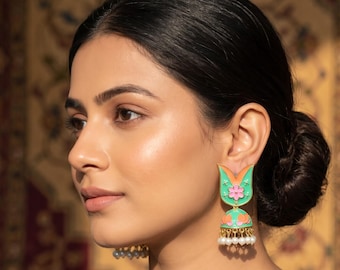 Colorful Floral Meenakari Jhumka Earrings, Mint Green Pink Enamel Pearls, Indian Wedding Jewelry