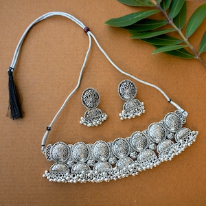 Oxidised Jewelry,Oxidised Silver Choker Necklace with Earring ,Statement Necklace,Traditional Jewelry,Indian Jewelry,Antique Jewelry
