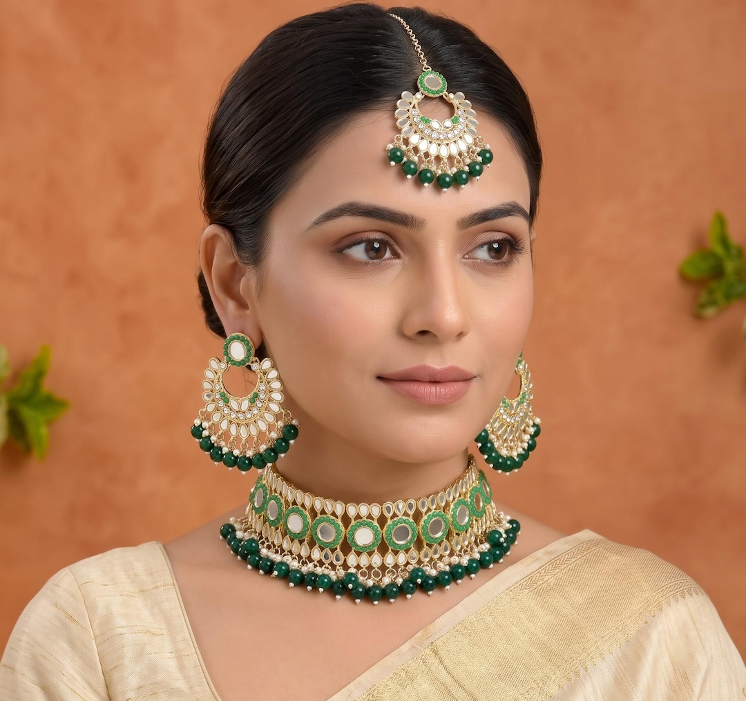 Green Pearl Mirror Choker Necklace Set With Earrings Maang Tikka