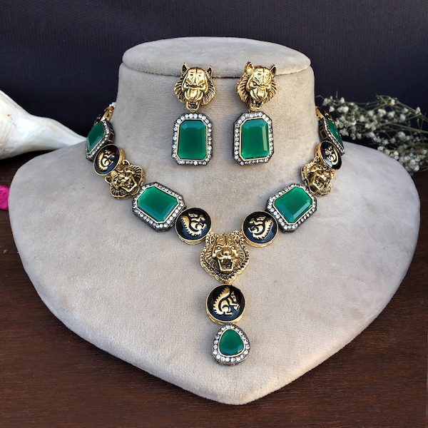 Sabyasachi Inspired Jewelry, Gold Plated Green Stone Necklace, Antiquated Necklace, Designer Jewelry, Wedding Jewelry, Designer Necklace,
