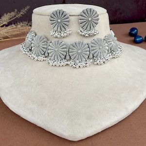 Oxidised Jewelry,Indian Jewelry,Oxidised Silver Choker Necklace with Earring,Statement Necklace,Traditional Jewelry,Antique Jewelry