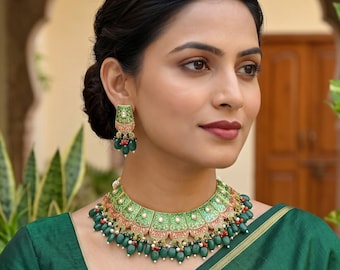 Zestaw naszyjników choker Kundan Meenakari w kolorze zielono-czerwonym, biżuteria ślubna w stylu indyjskim