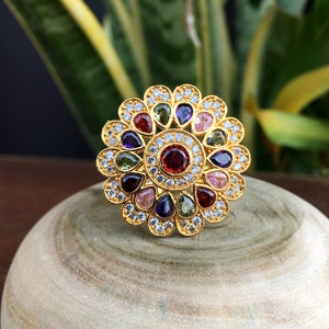 Indian CZ Gold Plated Ring, AD Ring, Traditional Ring, Adjustable Ring, Statement Ring, Wedding Bridal Ring, Gift For Her, Ring For Wedding