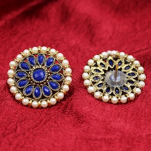 Blue Stud, Kundan Pearl Earring,Gold Plated Handmade Big Statement Studs Earring,Indian Jewelry,Indian Wedding Jewelry,Valentine Gift