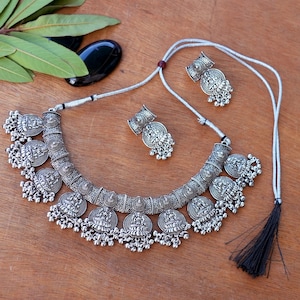 Oxidised Silver Choker Necklace with Earring ,Oxidised Jewelry,Statement Necklace,Traditional Jewelry,Indian Jewelry,Antique Jewelry