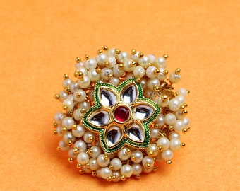 Bridesmaid Ring Pink Beaded Adjustable Ring Engagement Promise Ring Statement Ring Indian Wedding Beautiful Kundan Flower Ring